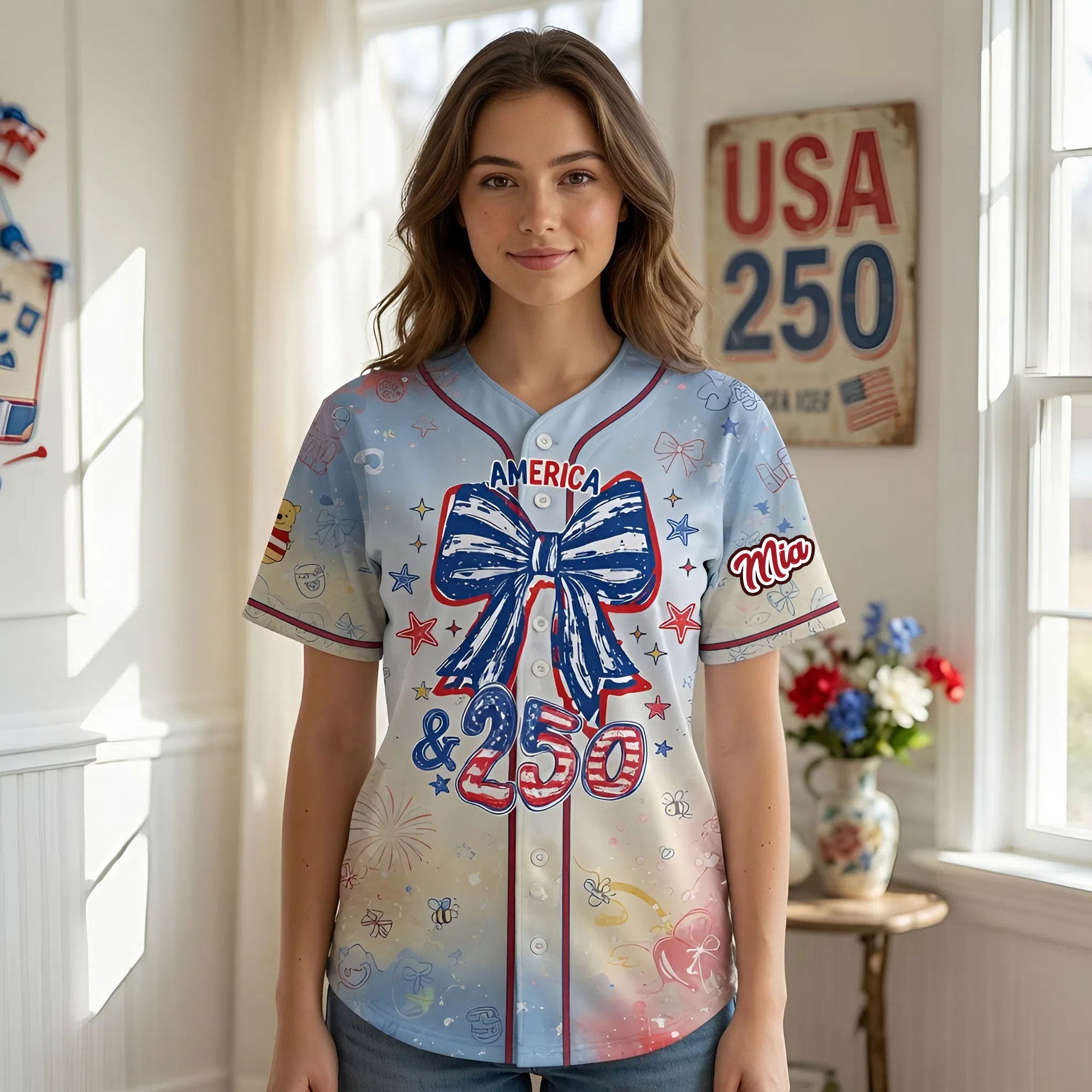 Custom Woodland Friends USA 250 Celebration Patriotic Red White and Blue Baseball Jersey Custom Woodland Friends USA 250 Celebration Patriotic Red White and Blue Baseball Jersey
