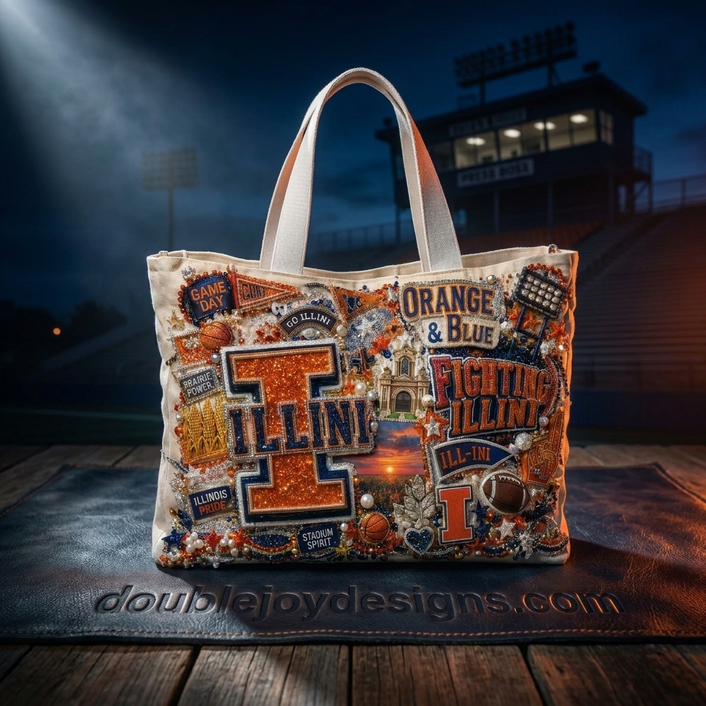 Illinois Fighting Illini Orange and Blue Beaded Game Day Embellished Canvas Tote Bag Illinois Fighting Illini Orange and Blue Beaded Game Day Embellished Canvas Tote Bag