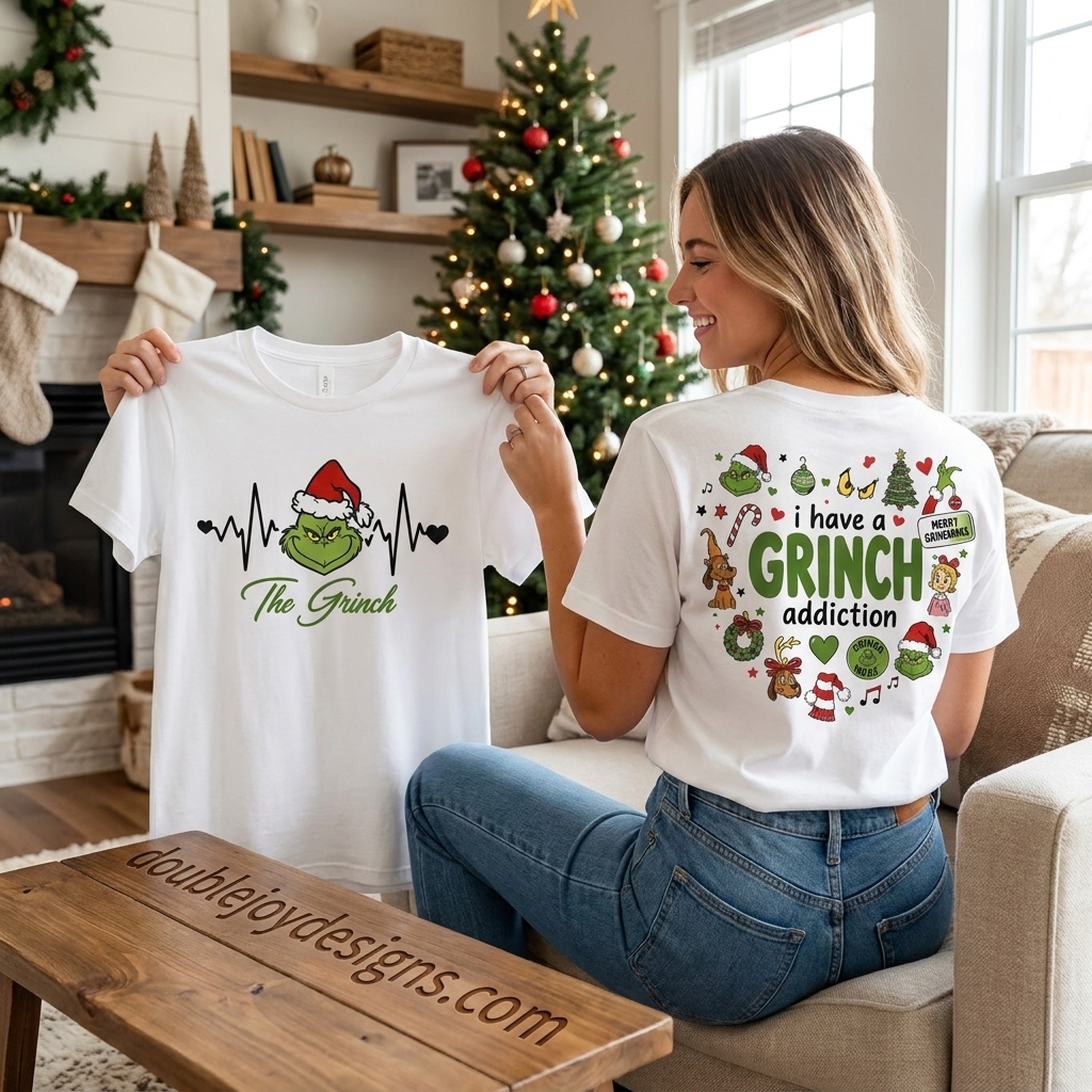 The Grinch Heartbeat EKG and Grinch Addiction Double Sided Christmas Graphic T-Shirt The Grinch Heartbeat EKG and Grinch Addiction Double Sided Christmas Graphic T-Shirt
