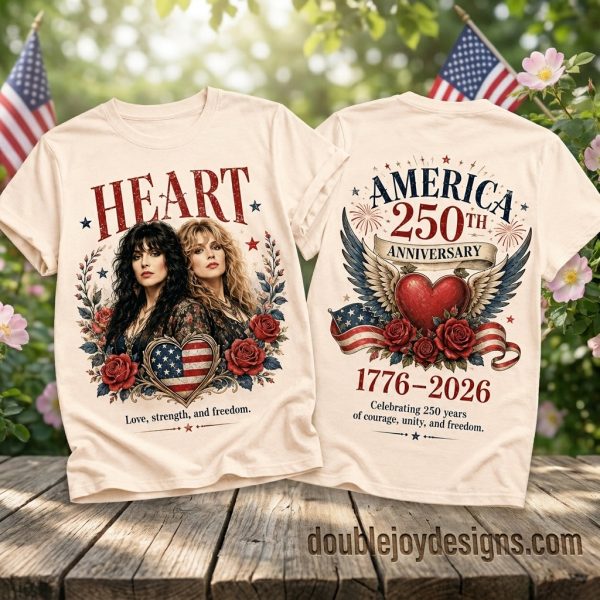 Heart Rock Band America 250th Anniversary 1776-2026 Patriotic Vintage Graphic T-Shirt