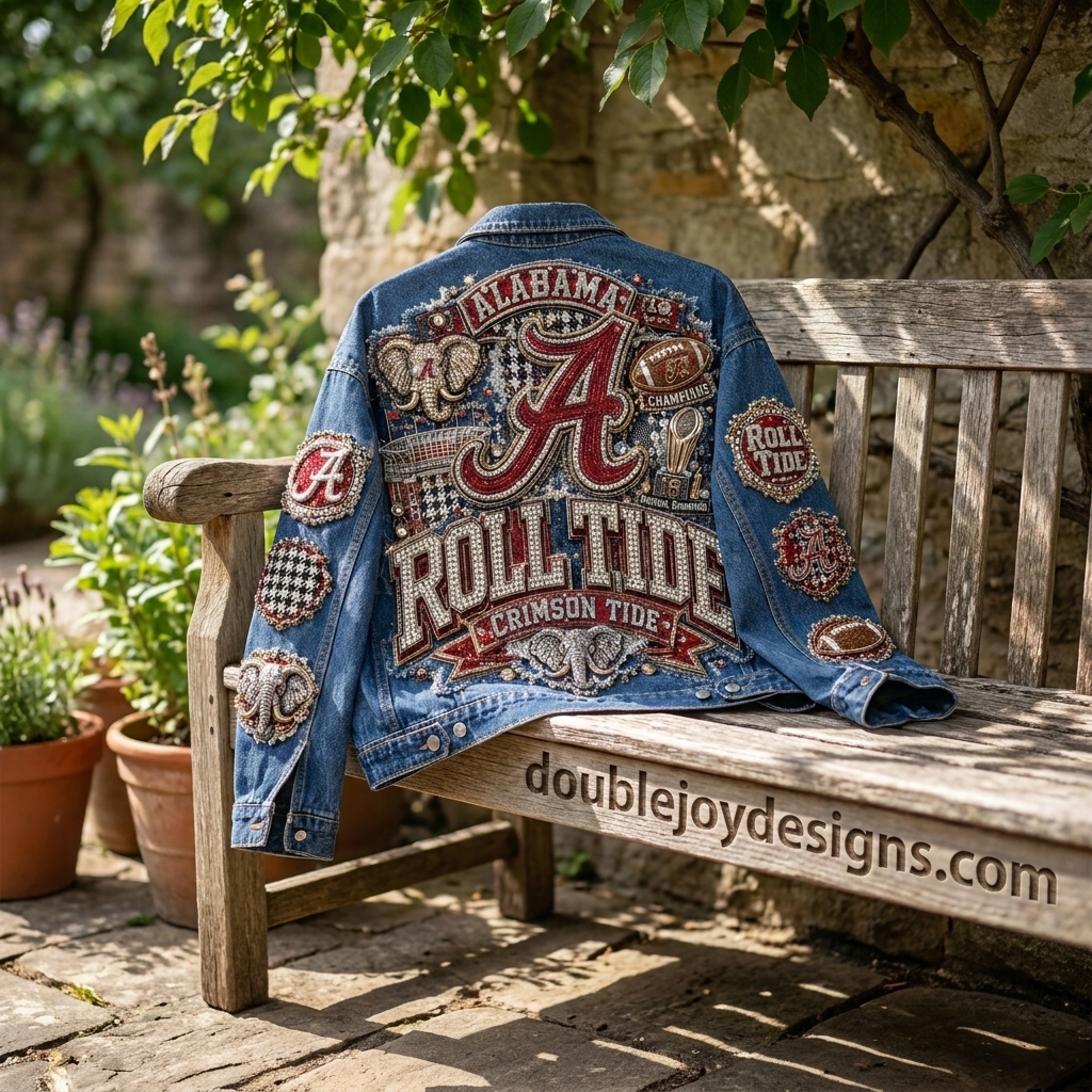 Alabama Crimson Tide Roll Tide Rhinestone National Champions Denim Jacket Alabama Crimson Tide Roll Tide Rhinestone National Champions Denim Jacket