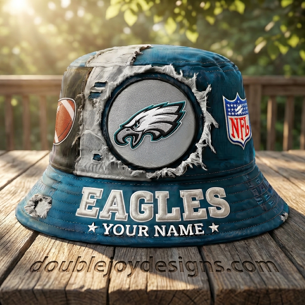 Philadelphia Eagles Personalized Custom Name NFL Torn Fabric Distressed 3D Bucket Hat Philadelphia Eagles Personalized Custom Name NFL Torn Fabric Distressed 3D Bucket Hat