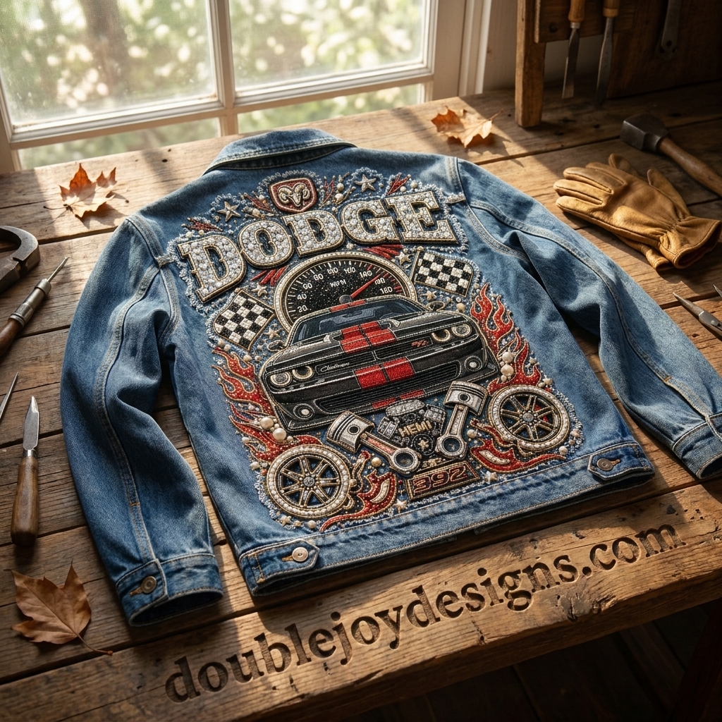 Dodge Challenger RT Hemi Power Muscle Car Retro Graphic Denim Jacket Dodge Challenger RT Hemi Power Muscle Car Retro Graphic Denim Jacket
