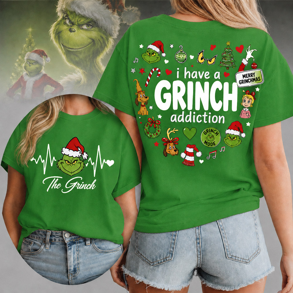 The Grinch Heartbeat EKG and Grinch Addiction Double Sided Christmas Graphic T-Shirt The Grinch Heartbeat EKG and Grinch Addiction Double Sided Christmas Graphic T-Shirt