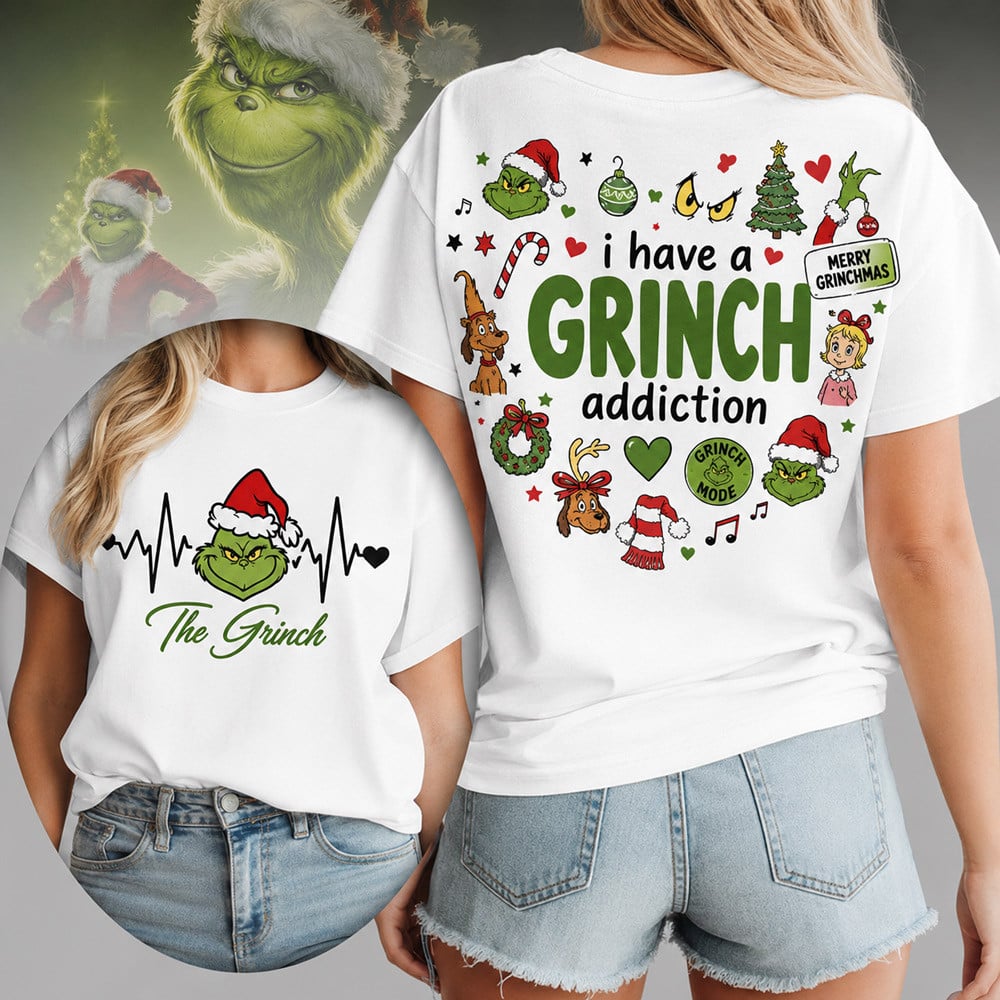 The Grinch Heartbeat EKG and Grinch Addiction Double Sided Christmas Graphic T-Shirt The Grinch Heartbeat EKG and Grinch Addiction Double Sided Christmas Graphic T-Shirt