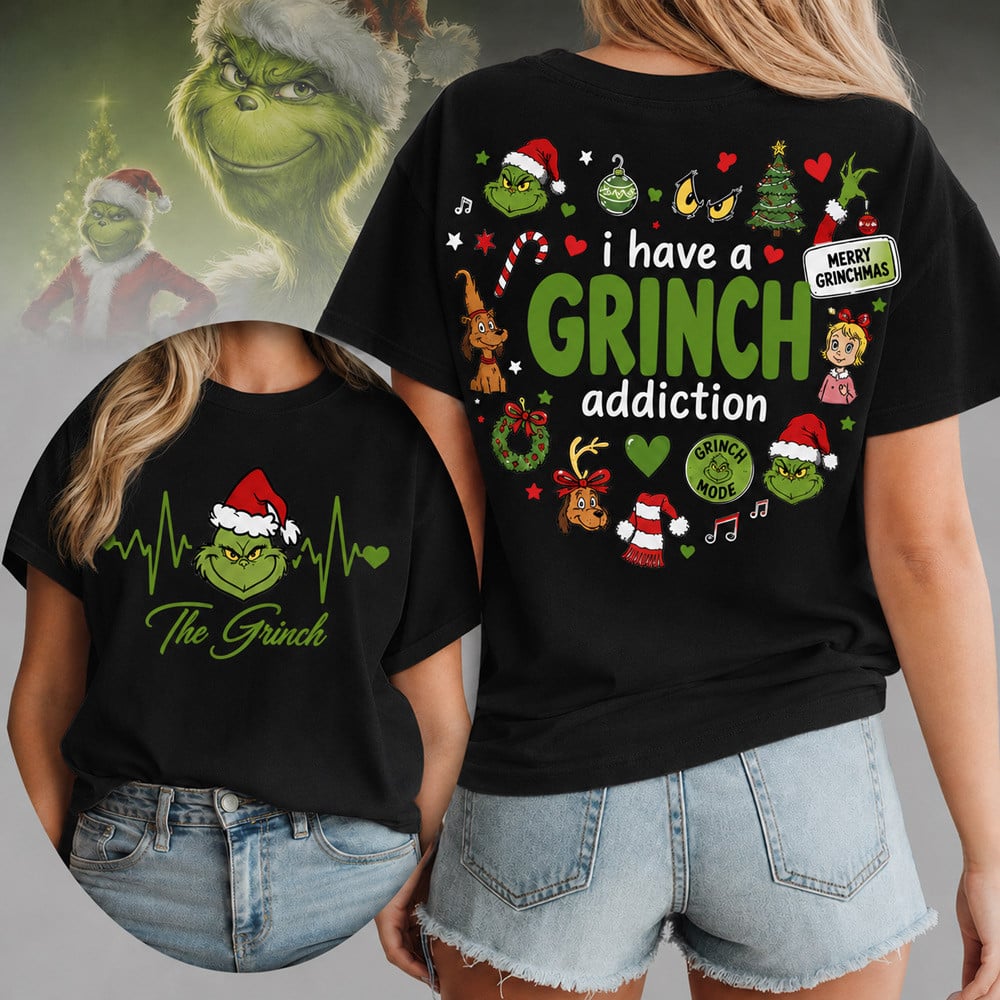 The Grinch Heartbeat EKG and Grinch Addiction Double Sided Christmas Graphic T-Shirt The Grinch Heartbeat EKG and Grinch Addiction Double Sided Christmas Graphic T-Shirt