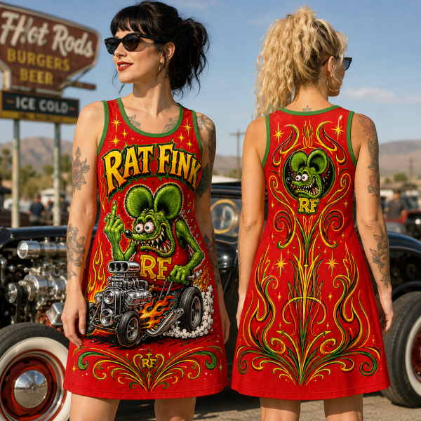 Rat Fink Hot Rod Rockabilly Retro Graphic Print Sleeveless Tank Dress