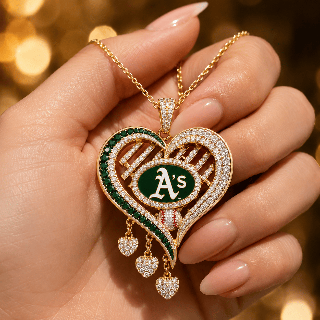 Oakland Athletics MLB Gold Plated Crystal Heart Dangle Pendant Necklace Oakland Athletics MLB Gold Plated Crystal Heart Dangle Pendant Necklace