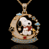 Snoopy and Woodstock Crescent Moon Heart Gold Diamond Pendant Necklace