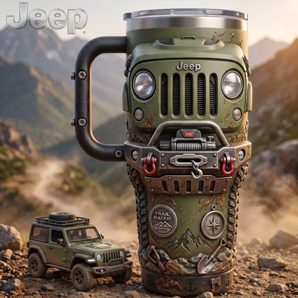 Jeep Wrangler Rubicon Style Rugged 3D Off-Road Army Green Insulated Stainless Steel Handle Tumbler