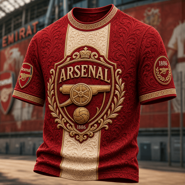 Arsenal FC 1886 Premium Luxury 3D Embossed Baroque Red and Gold T-Shirt