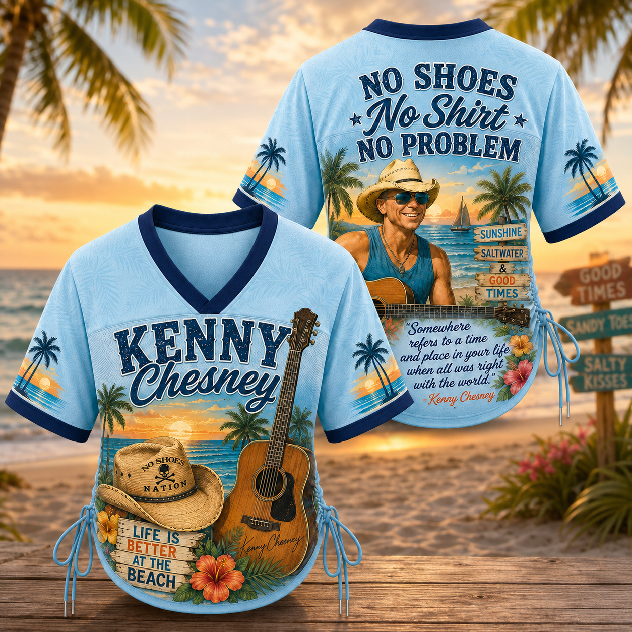 Kenny Chesney No Shoes Nation No Shoes No Shirt No Problem Tropical Beach Women’s Lace-Up Jersey Shirt Kenny Chesney No Shoes Nation No Shoes No Shirt No Problem Tropical Beach Women’s Lace-Up Jersey Shirt