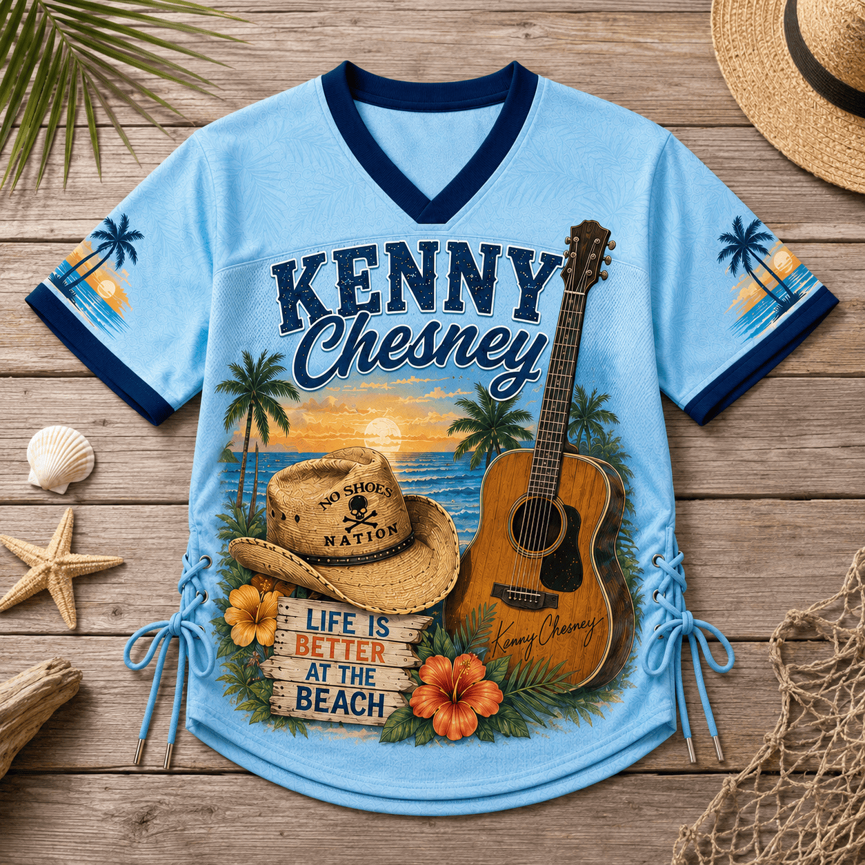 Kenny Chesney No Shoes Nation No Shoes No Shirt No Problem Tropical Beach Women’s Lace-Up Jersey Shirt Kenny Chesney No Shoes Nation No Shoes No Shirt No Problem Tropical Beach Women’s Lace-Up Jersey Shirt