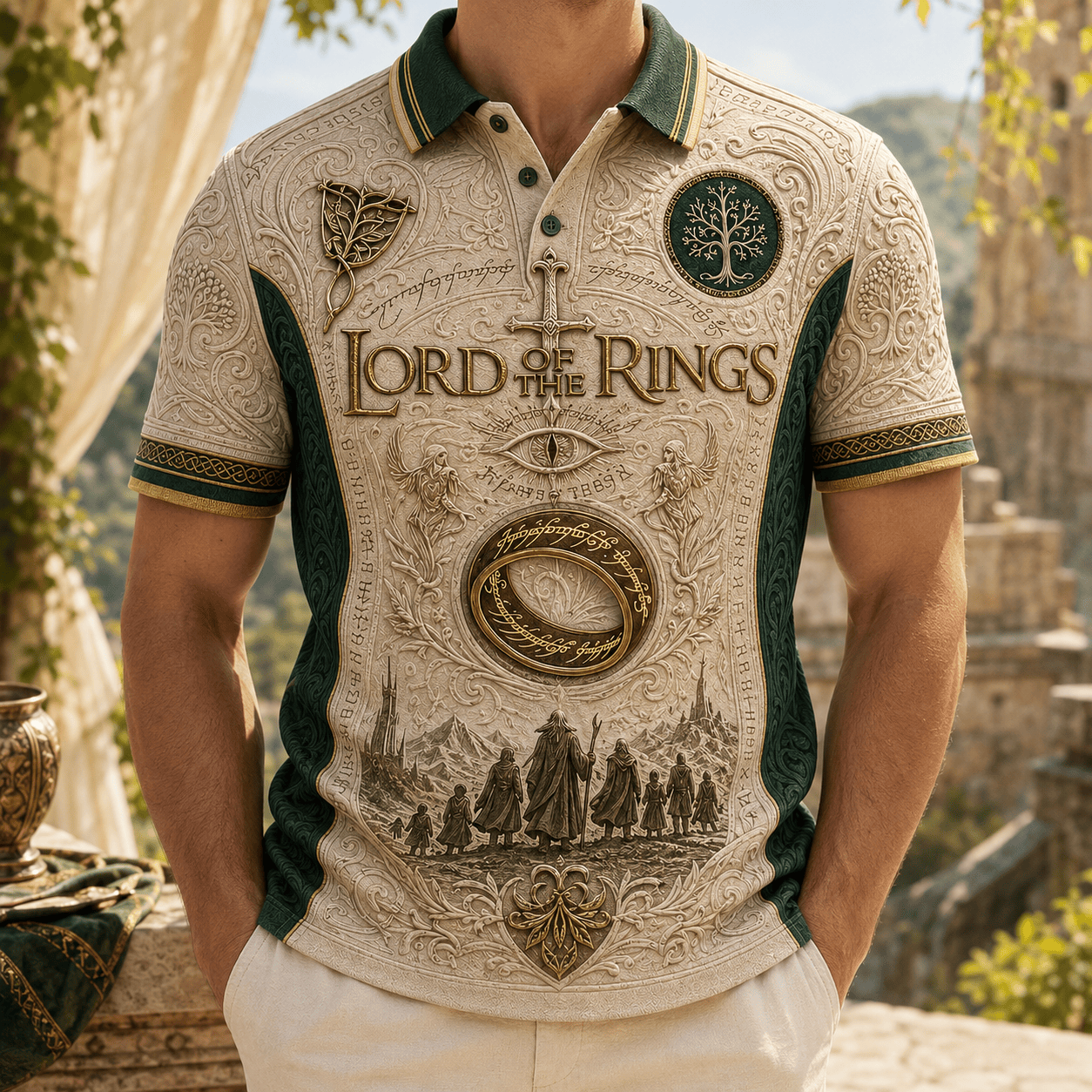 Lord of the Rings Middle Earth Fellowship 3D Embossed Vintage Polo Shirt Lord of the Rings Middle Earth Fellowship 3D Embossed Vintage Polo Shirt