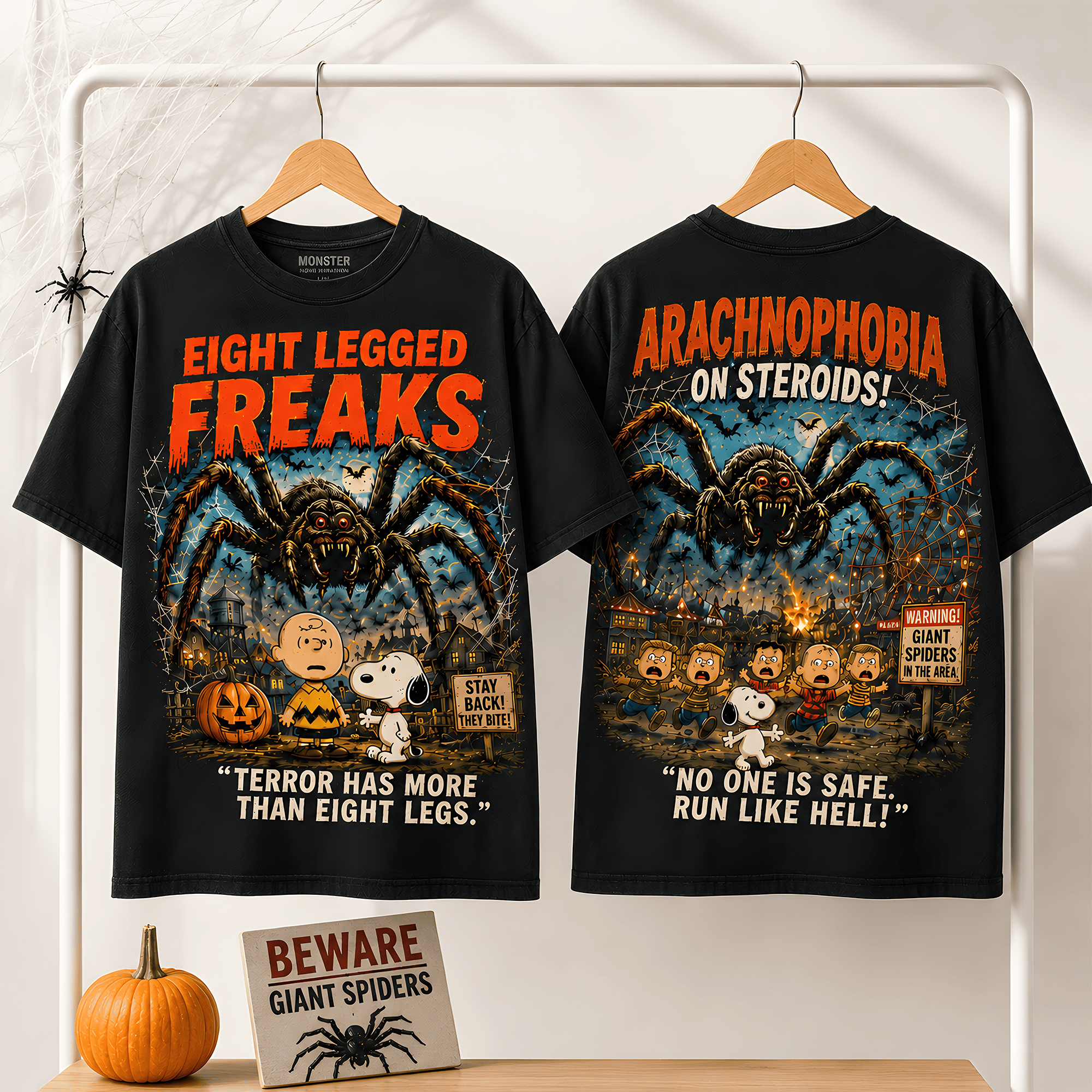 Eight Legged Freaks Peanuts Charlie Brown Snoopy Giant Spider Halloween Graphic T-Shirt Eight Legged Freaks Peanuts Charlie Brown Snoopy Giant Spider Halloween Graphic T-Shirt