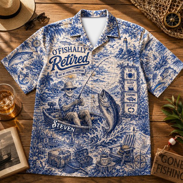 Personalized O’Fishally Retired Funny Fishing Gift for Men Custom Name Hawaiian Shirt