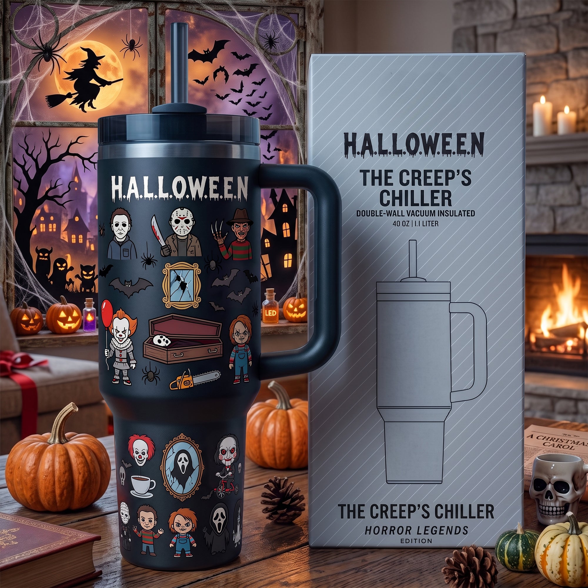 Halloween Horror Legends Creep’s Chiller Chibi Movie Characters 40oz Double-Wall Vacuum Insulated Tumbler with Handle and Straw Halloween Horror Legends Creep’s Chiller Chibi Movie Characters 40oz Double-Wall Vacuum Insulated Tumbler with Handle and Straw