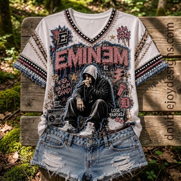 Eminem Slim Shady Pearl Embellished Y2K Hip Hop Graphic Premium V-neck Shirt