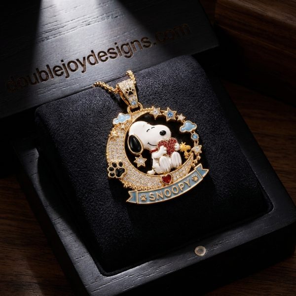 Snoopy and Woodstock Crescent Moon Heart Gold Diamond Pendant Necklace