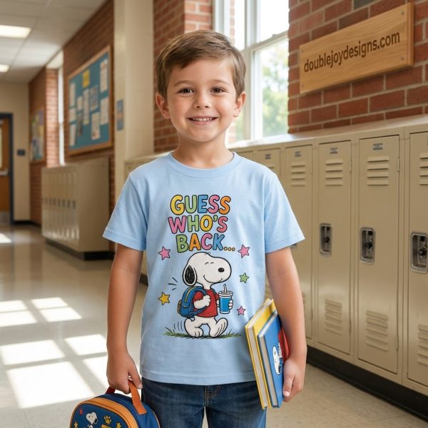 Snoopy Guess Who’s Back To School Cute Cartoon Light Blue Graphic T-Shirt