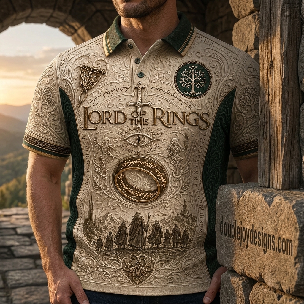 Lord of the Rings Middle Earth Fellowship 3D Embossed Vintage Polo Shirt Lord of the Rings Middle Earth Fellowship 3D Embossed Vintage Polo Shirt
