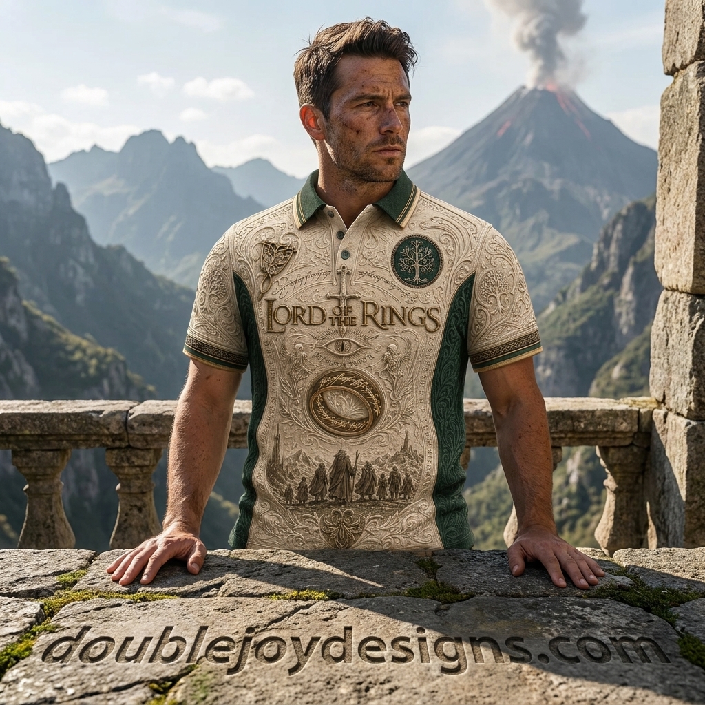 Lord of the Rings Middle Earth Fellowship 3D Embossed Vintage Polo Shirt Lord of the Rings Middle Earth Fellowship 3D Embossed Vintage Polo Shirt