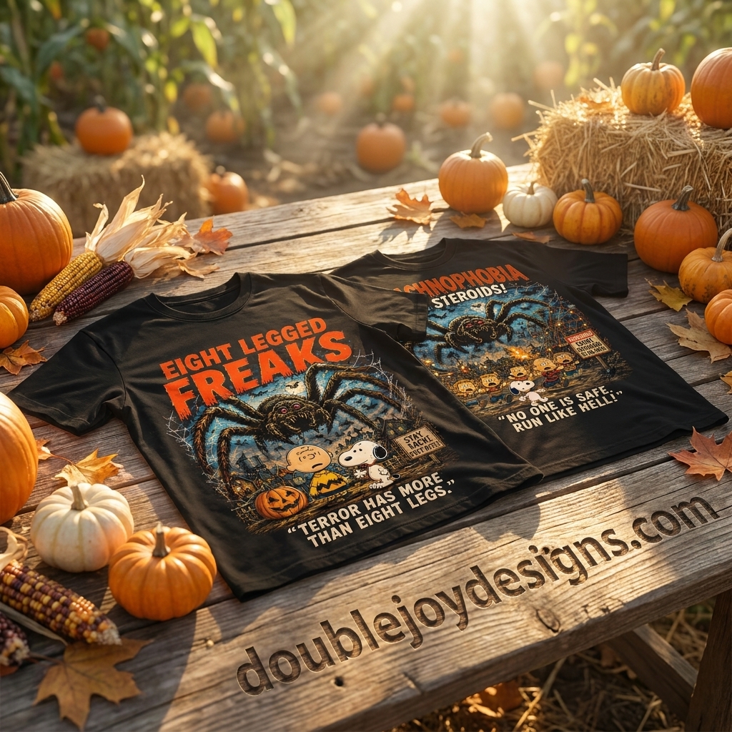 Eight Legged Freaks Peanuts Charlie Brown Snoopy Giant Spider Halloween Graphic T-Shirt Eight Legged Freaks Peanuts Charlie Brown Snoopy Giant Spider Halloween Graphic T-Shirt