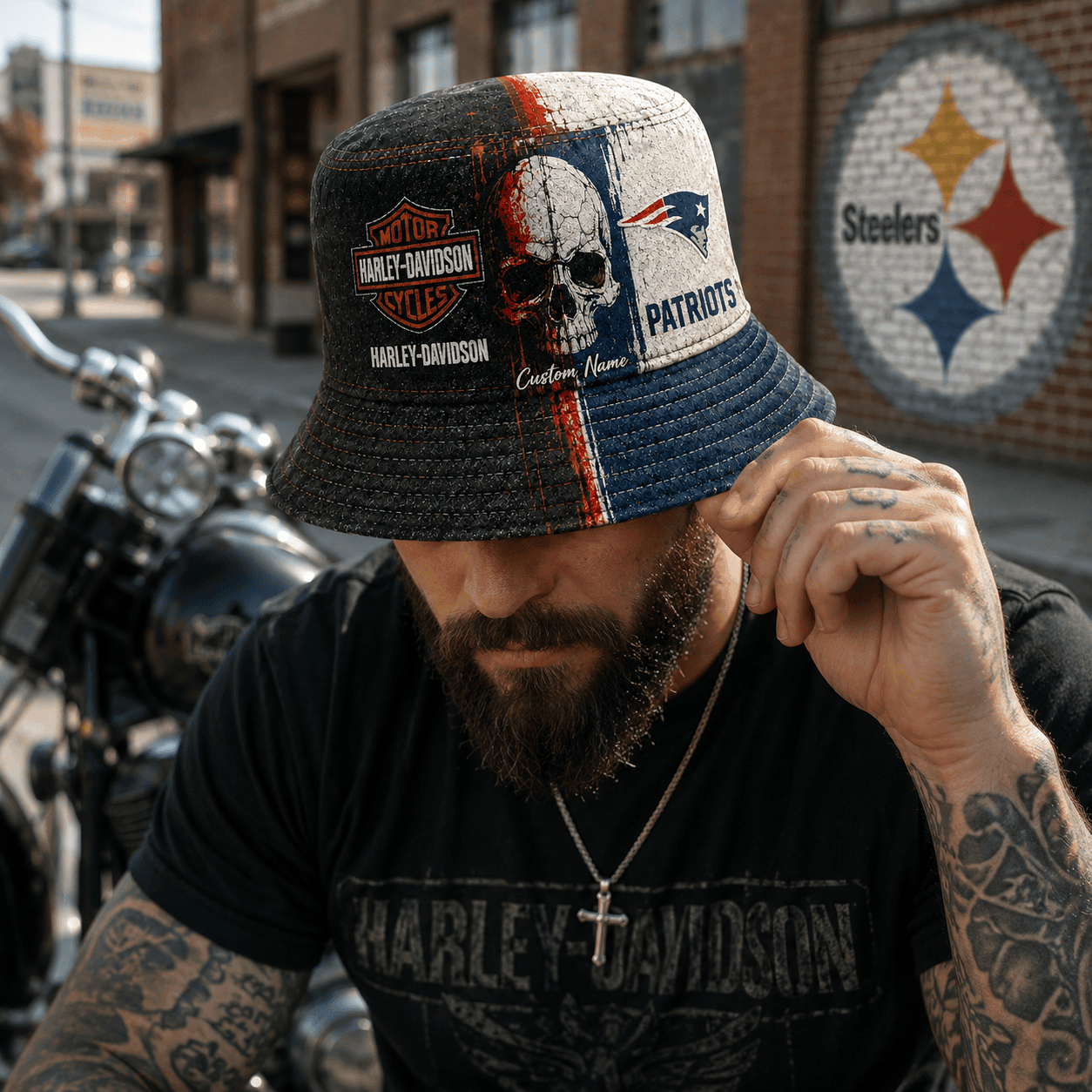 Personalized New England Patriots Harley-Davidson Skull Biker Custom Name Bucket Hat Personalized New England Patriots Harley-Davidson Skull Biker Custom Name Bucket Hat