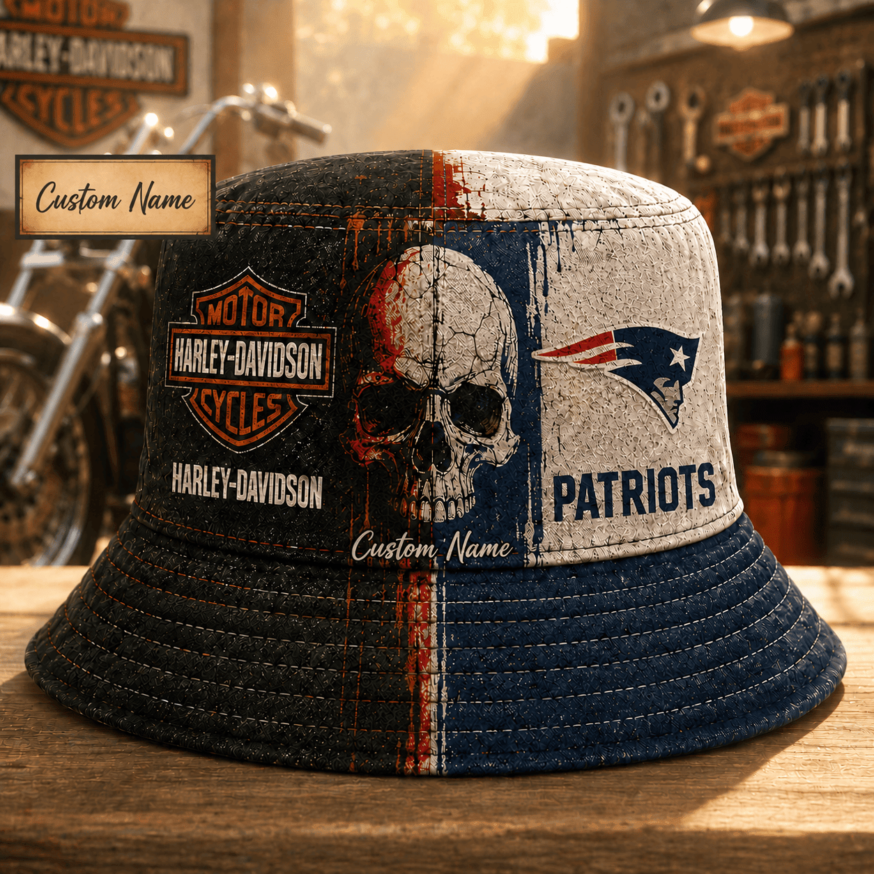 Personalized New England Patriots Harley-Davidson Skull Biker Custom Name Bucket Hat Personalized New England Patriots Harley-Davidson Skull Biker Custom Name Bucket Hat