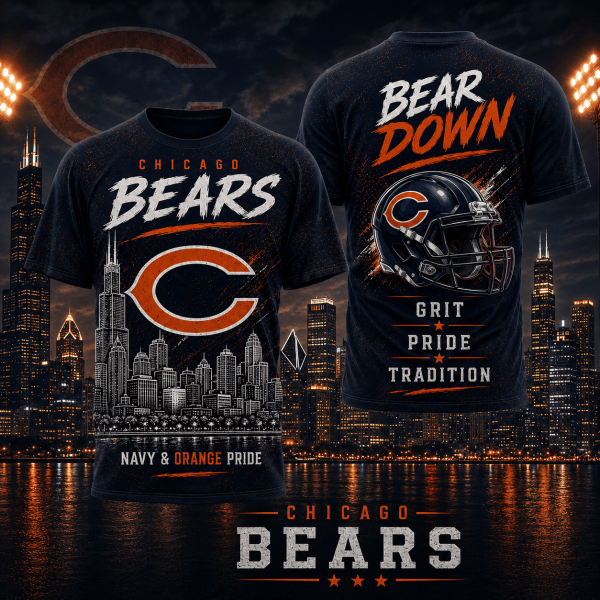 Chicago Bears Bear Down Skyline Navy and Orange Pride Gameday Football Graphic T-Shirt