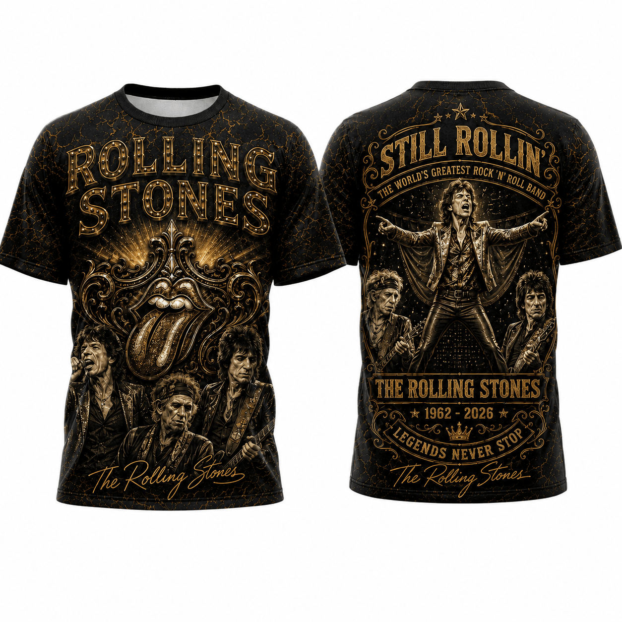 The Rolling Stones 1962-2026 Anniversary Gold 3D All-Over Print T-Shirt The Rolling Stones 1962-2026 Anniversary Gold 3D All-Over Print T-Shirt