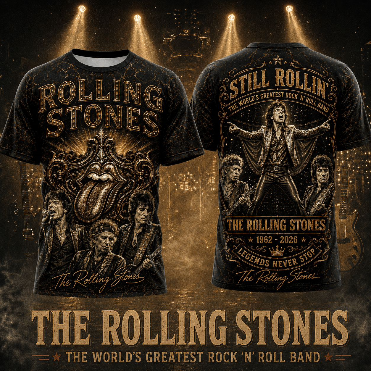 The Rolling Stones 1962-2026 Anniversary Gold 3D All-Over Print T-Shirt The Rolling Stones 1962-2026 Anniversary Gold 3D All-Over Print T-Shirt