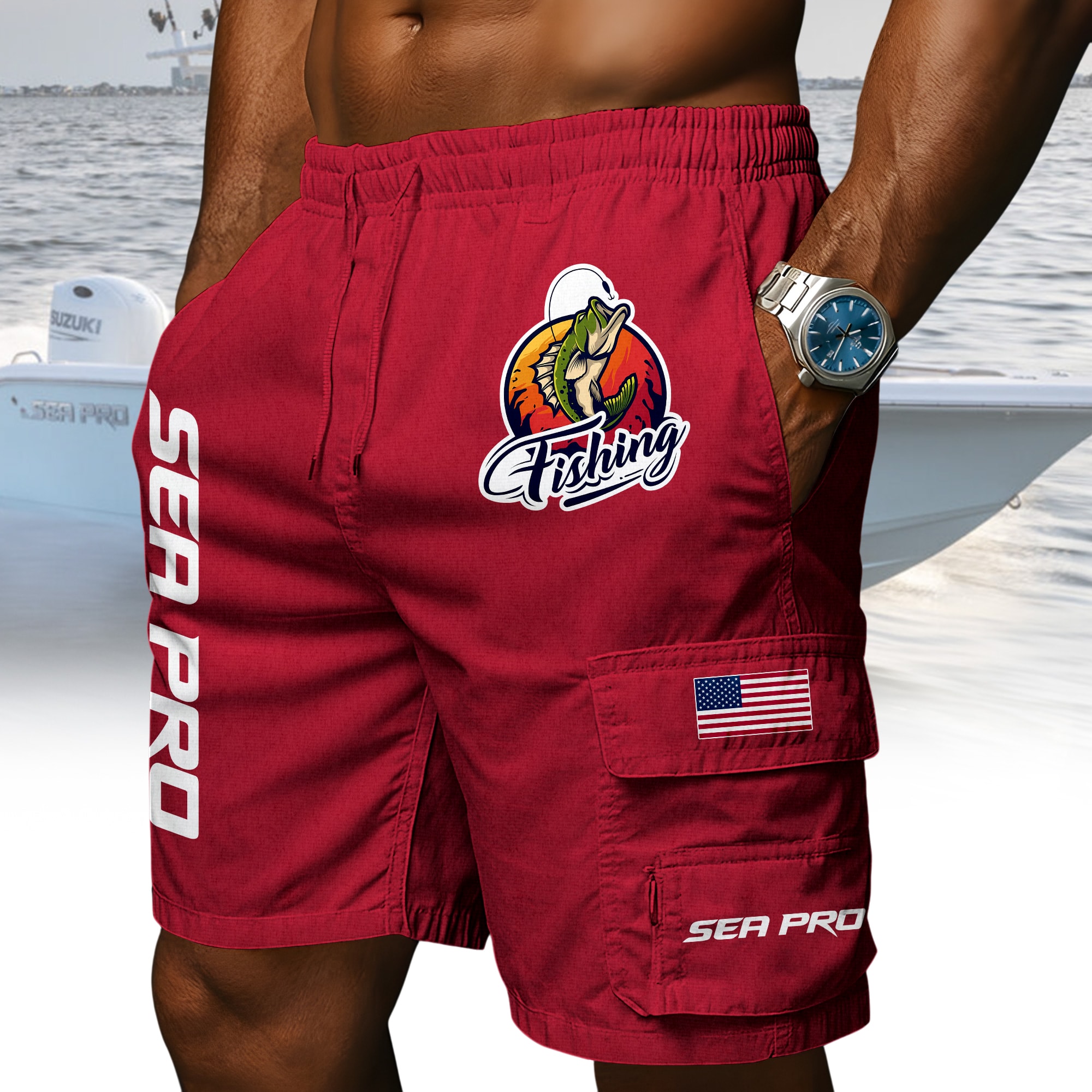 Sea Pro Boats American Flag Fishing Men’s White Drawstring Cargo Shorts Sea Pro Boats American Flag Fishing Men’s White Drawstring Cargo Shorts