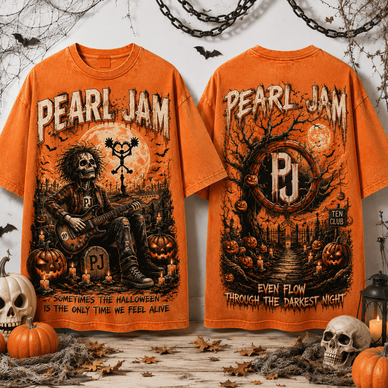 Pearl Jam Even Flow Halloween Skeleton Vintage Washed Double Sided Graphic T-Shirt Pearl Jam Even Flow Halloween Skeleton Vintage Washed Double Sided Graphic T-Shirt