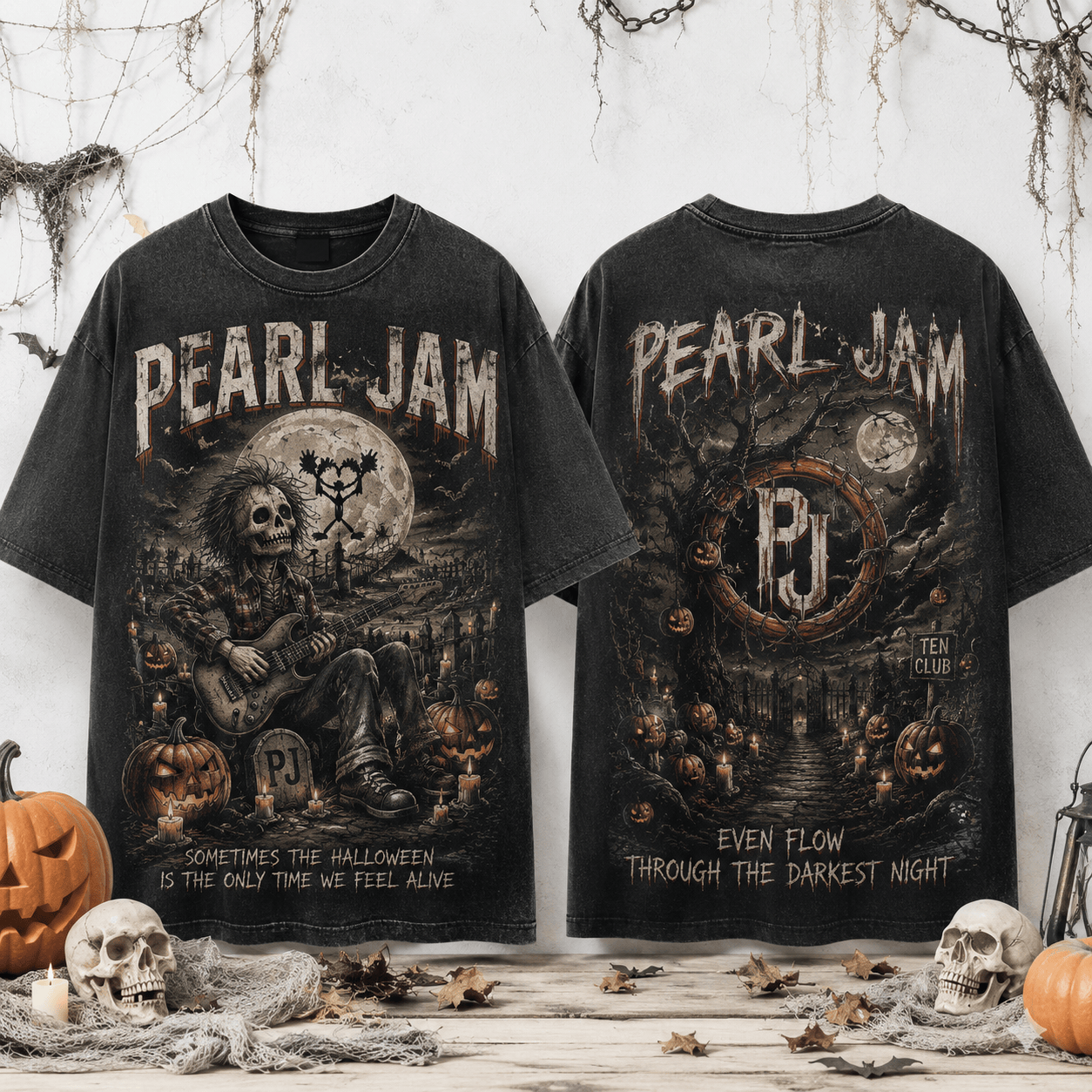 Pearl Jam Even Flow Halloween Skeleton Vintage Washed Double Sided Graphic T-Shirt Pearl Jam Even Flow Halloween Skeleton Vintage Washed Double Sided Graphic T-Shirt