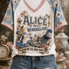 Alice In Wonderland We're All Mad Here 3D Graphic Harlequin Raglan V-Neck T-Shirt
