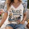 Alice In Wonderland We're All Mad Here 3D Graphic Harlequin Raglan V-Neck T-Shirt