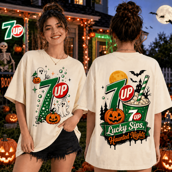 7UP Lucky Sips Haunted Nights Halloween Retro Pumpkin Ghost Cream T-Shirt