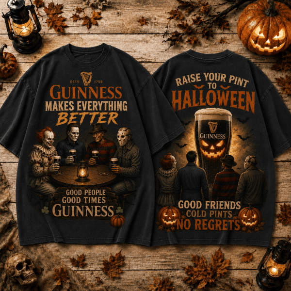 Vintage Guinness Good Friends Cold Pints Halloween Horror Villains Graphic T-Shirt