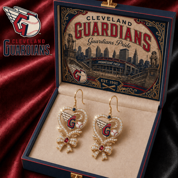 Cleveland Guardians MLB Gold Heart Bow Crystal Fan Jewelry Dangle Earrings