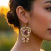 Cleveland Guardians MLB Gold Heart Bow Crystal Fan Jewelry Dangle Earrings