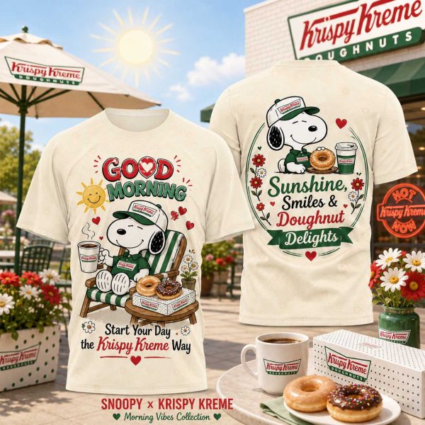 Snoopy Peanuts Krispy Kreme Coffee and Donuts Good Morning Vibes Vintage Cream 3D Graphic T-Shirt