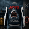 Jaws Amity Island 1975 Movie Quote Crocodile Pattern Navy Blue Varsity Leather Bomber Jacket