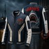 Jaws Amity Island 1975 Movie Quote Crocodile Pattern Navy Blue Varsity Leather Bomber Jacket