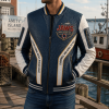 Jaws Amity Island 1975 Movie Quote Crocodile Pattern Navy Blue Varsity Leather Bomber Jacket