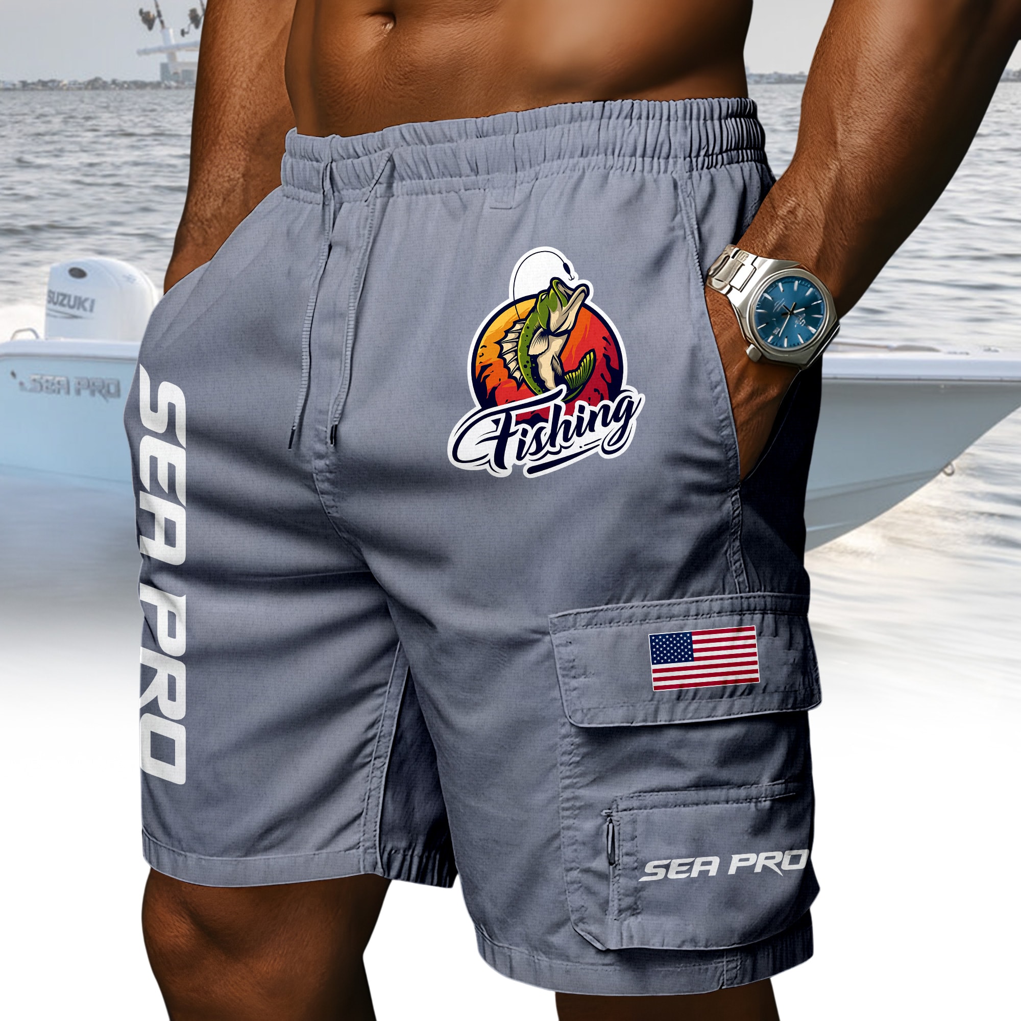 Sea Pro Boats American Flag Fishing Men’s White Drawstring Cargo Shorts Sea Pro Boats American Flag Fishing Men’s White Drawstring Cargo Shorts