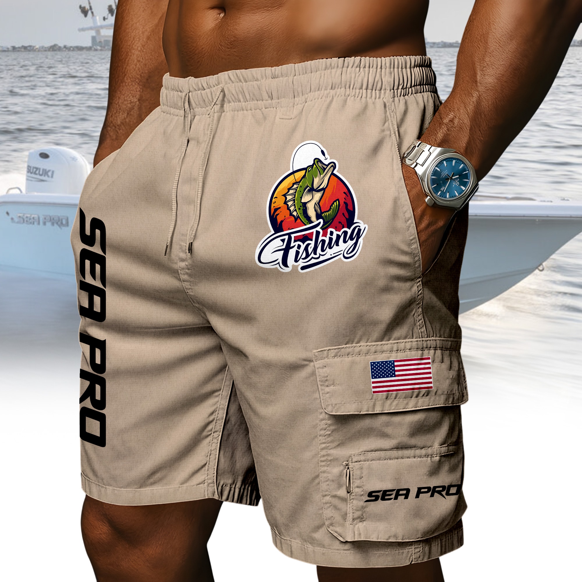 Sea Pro Boats American Flag Fishing Men’s White Drawstring Cargo Shorts Sea Pro Boats American Flag Fishing Men’s White Drawstring Cargo Shorts