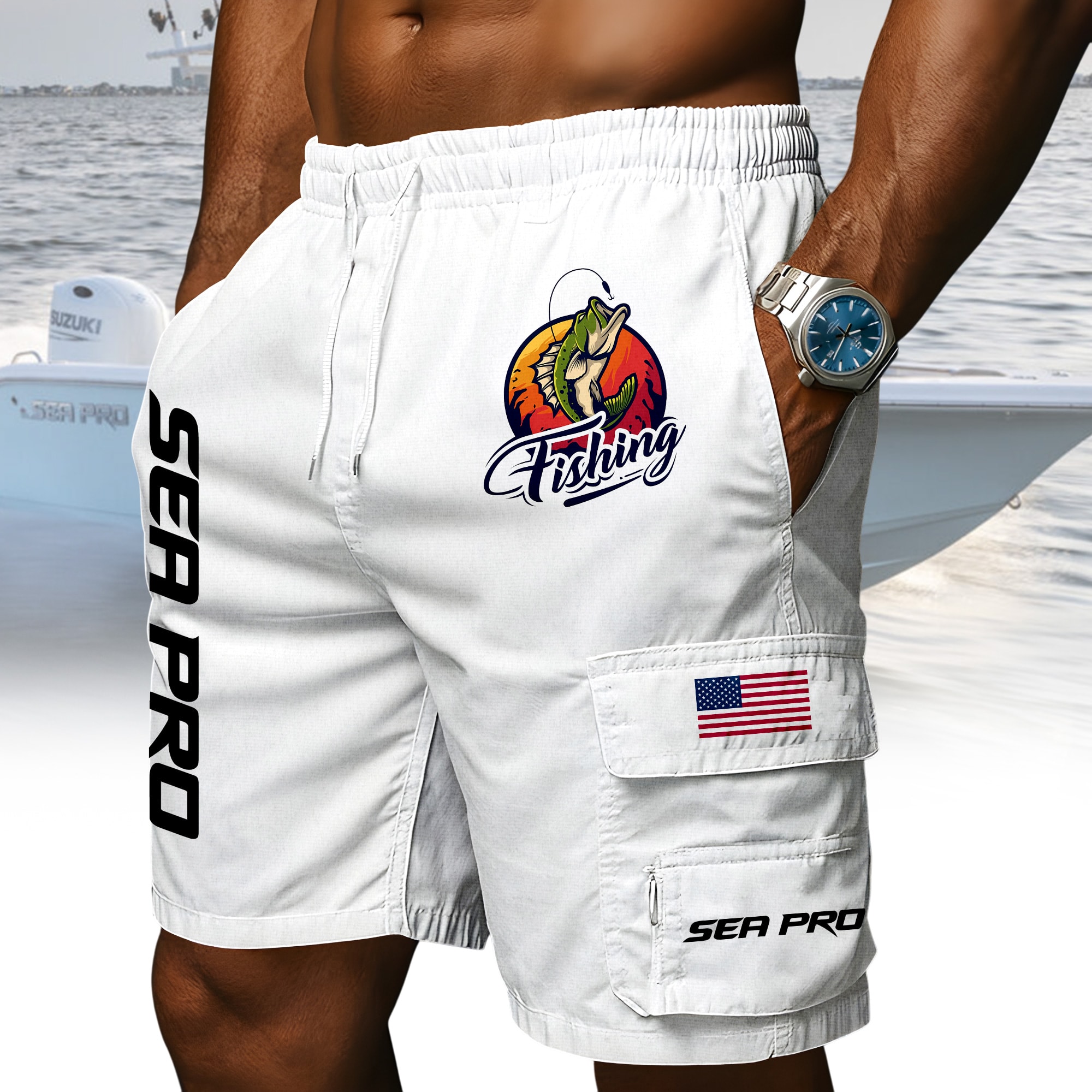 Sea Pro Boats American Flag Fishing Men’s White Drawstring Cargo Shorts Sea Pro Boats American Flag Fishing Men’s White Drawstring Cargo Shorts