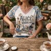 Alice In Wonderland We're All Mad Here 3D Graphic Harlequin Raglan V-Neck T-Shirt