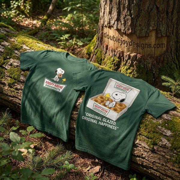 Snoopy Peanuts Krispy Kreme Original Glazed Doughnuts Forest Green Front and Back Graphic T-Shirt